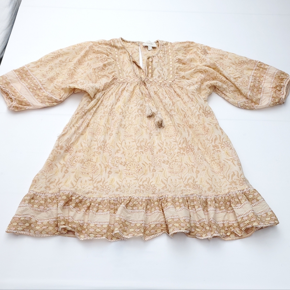 CLEOBELLA Revolve Rosy Mini Dress in Tamil Block Print Tan Boho Organic Cotton M - Picture 3 of 11